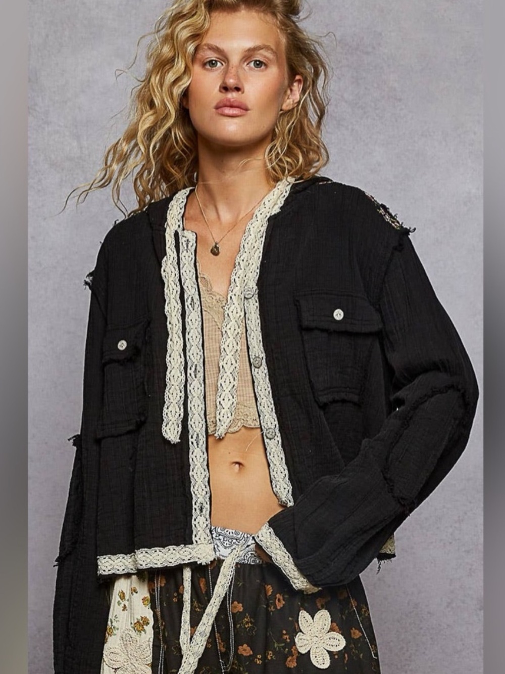 POL The Kylie Jacket Black Vintage Wash Double Gauze Cotton Crop Hooded UWT547
